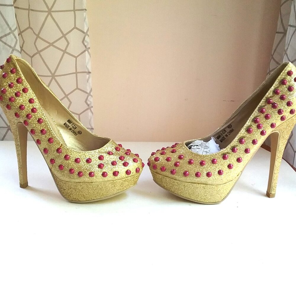 "Ami Clubwear" Size 6.5 Stripper Platform Pumps Heels Gold Sparkle, Pink Bubbles